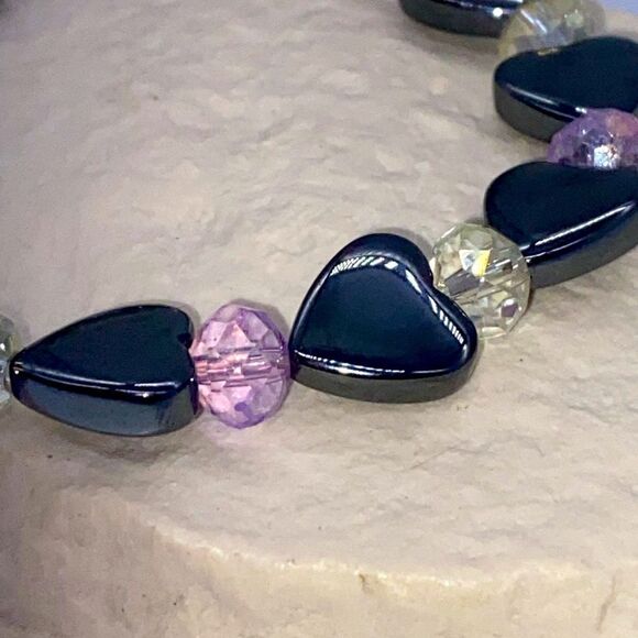 ✨🆕✨ Natural Stones Black Hematite Heart Purple + Iridescent Spacers Bracelet✨ - Picture 5 of 15